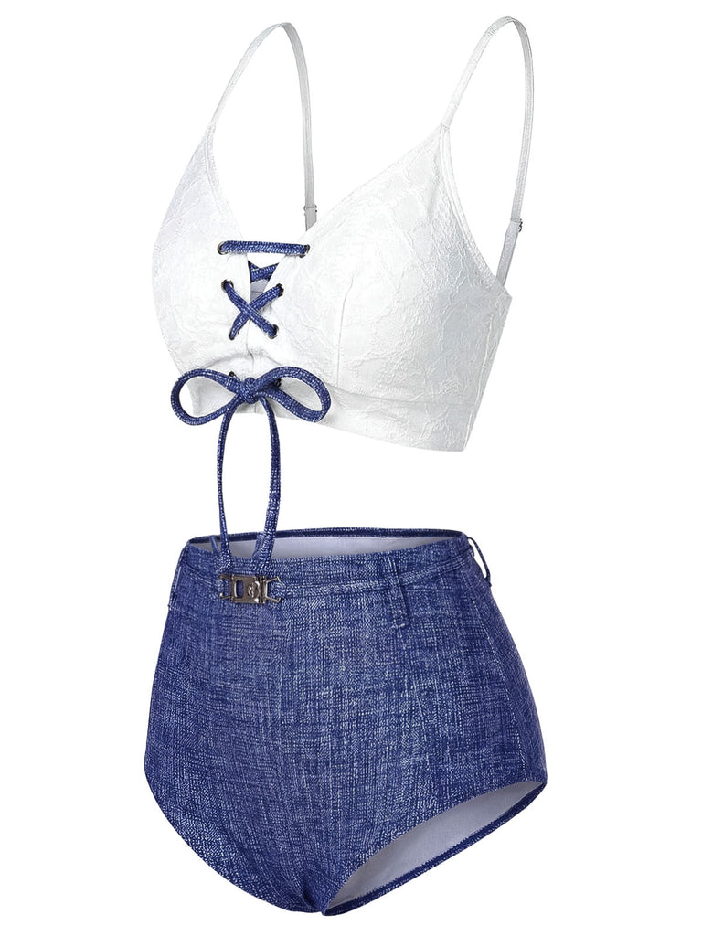 Blau 1940er Schnürung Halter Schein-Denim Bikini Set