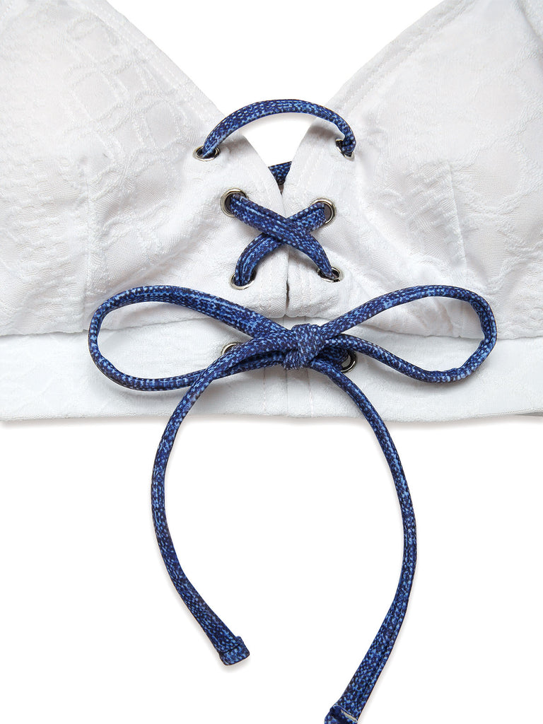 Blau 1940er Schnürung Halter Schein-Denim Bikini Set