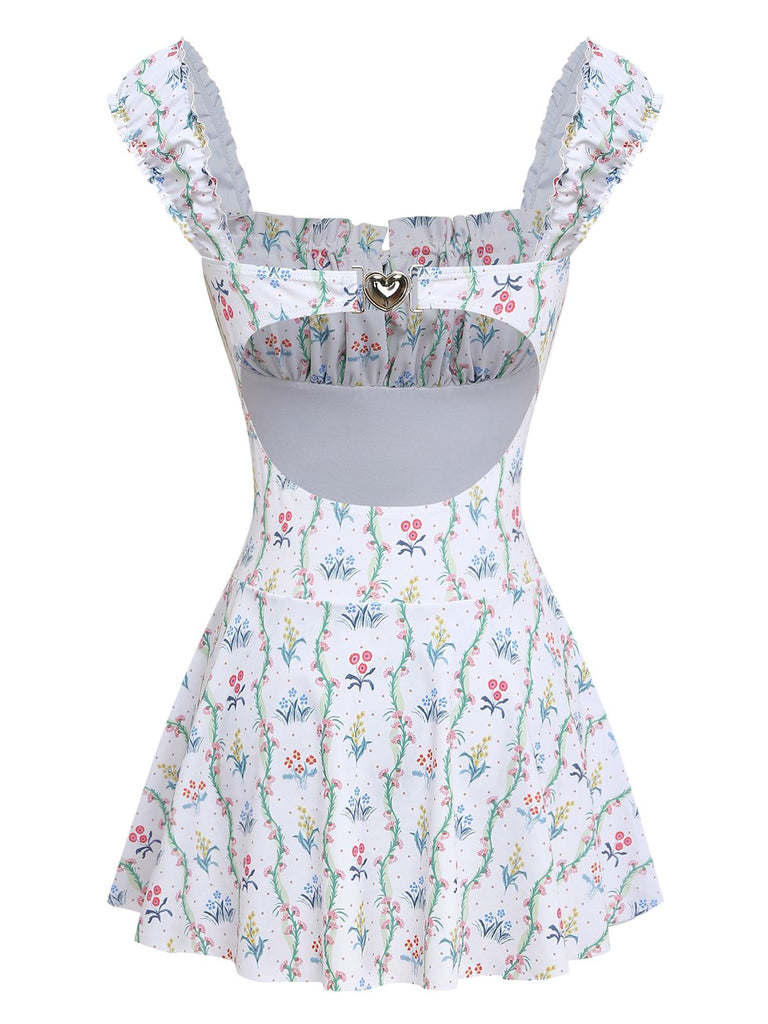 [Vorverkauf] Weiß 1970er Blumen Rüschen Kappärmel Badeanzug-Kleid