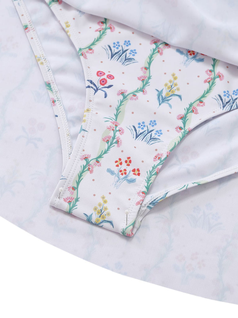 [Vorverkauf] Weiß 1970er Blumen Rüschen Kappärmel Badeanzug-Kleid