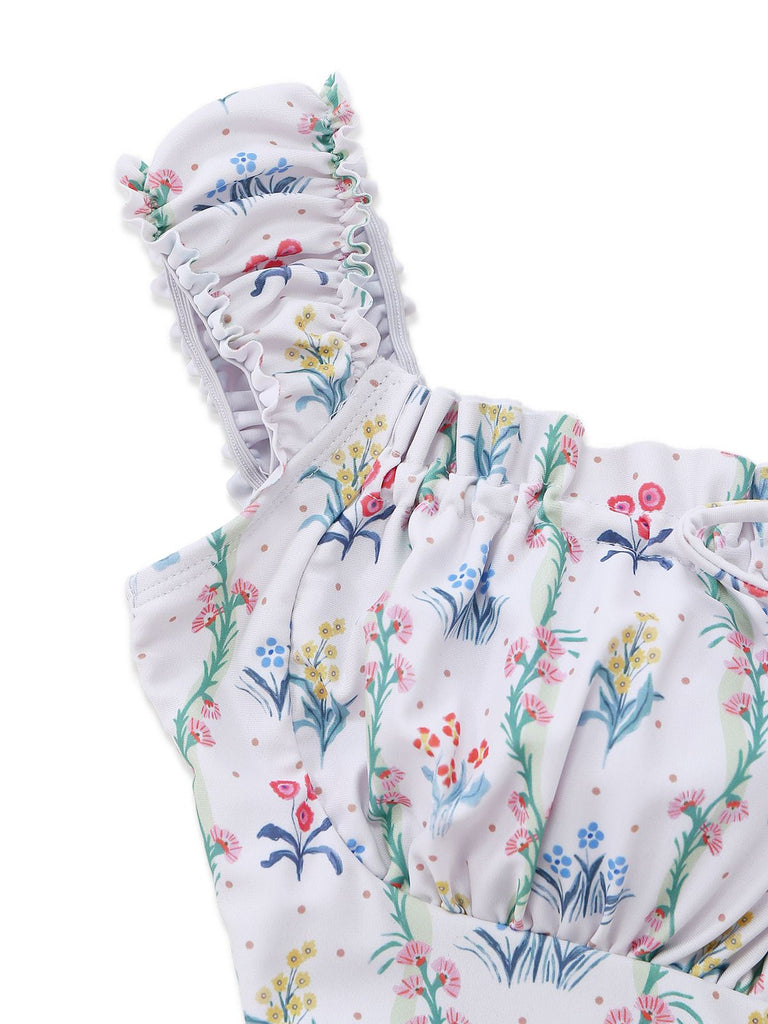 [Vorverkauf] Weiß 1970er Blumen Rüschen Kappärmel Badeanzug-Kleid