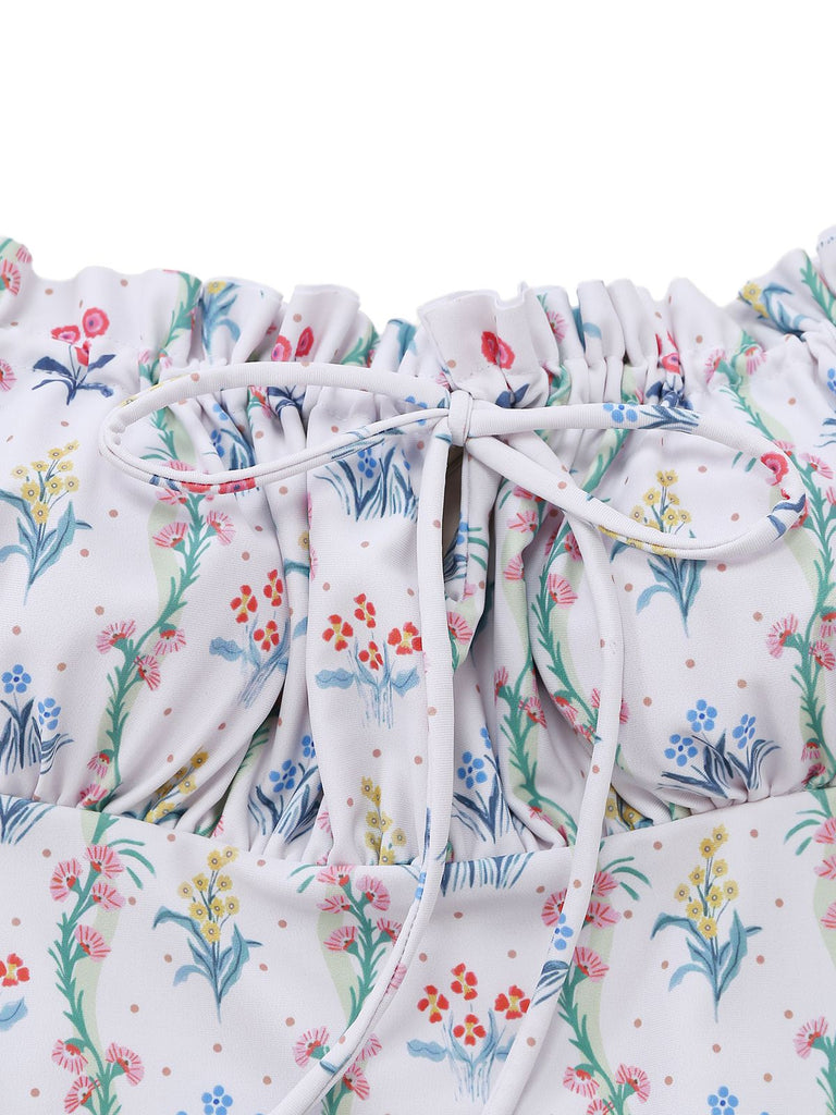 [Vorverkauf] Weiß 1970er Blumen Rüschen Kappärmel Badeanzug-Kleid