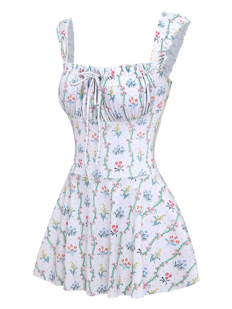 [Vorverkauf] Weiß 1970er Blumen Rüschen Kappärmel Badeanzug-Kleid