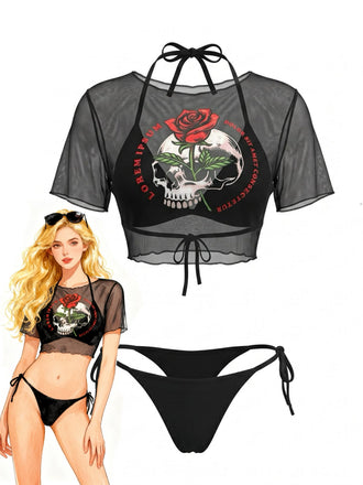 Schwarzes & Rosa 70er Gothic Netz-Bikini-Set & Cover-Up mit Bindeband