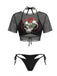 Schwarzes & Rosa 70er Gothic Netz-Bikini-Set & Cover-Up mit Bindeband