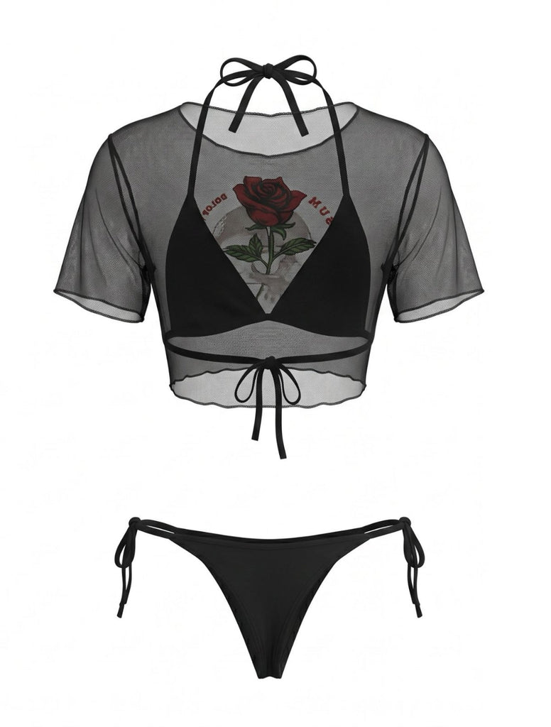 Schwarzes & Rosa 70er Gothic Netz-Bikini-Set & Cover-Up mit Bindeband