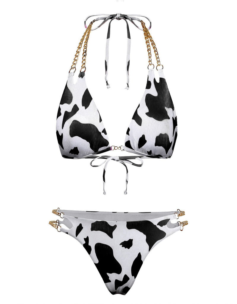 1970er Gerippte Kuh Muster Ketten Halter Bikini Set