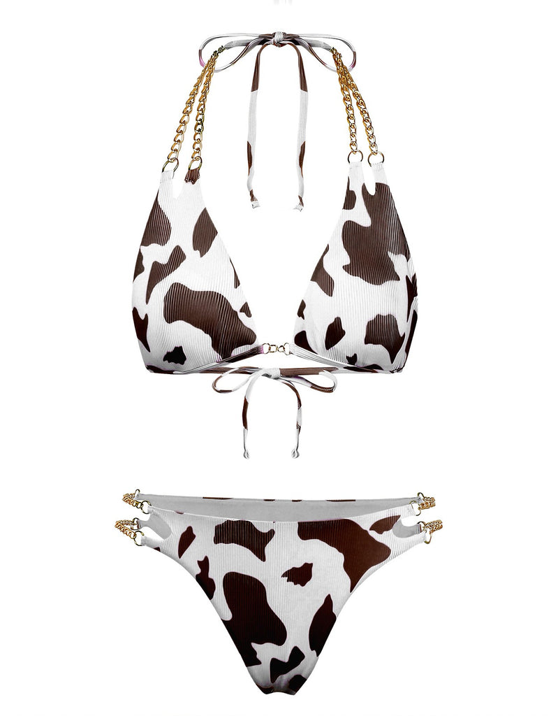 1970er Gerippte Kuh Muster Ketten Halter Bikini Set
