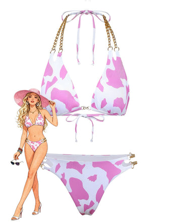 1970er Gerippte Kuh Muster Ketten Halter Bikini Set