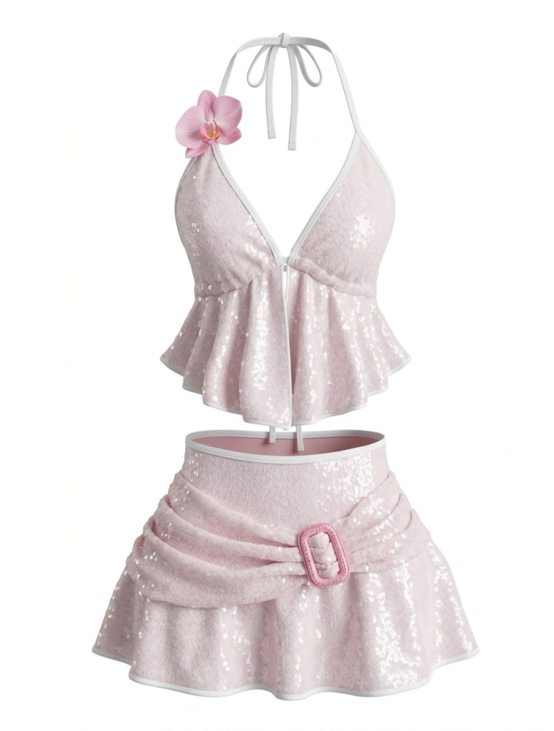 80er Bikini-Set mit Neckholder und Blumen