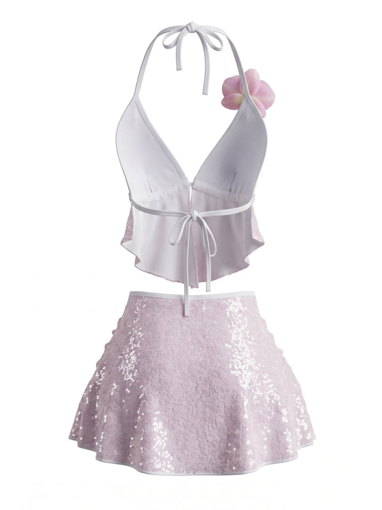 80er Bikini-Set mit Neckholder und Blumen