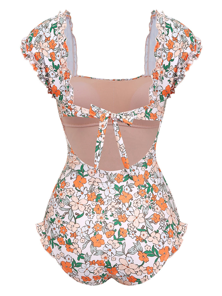 1950er Blumen Rüschen Flügelärmel Einteiliger Badeanzug