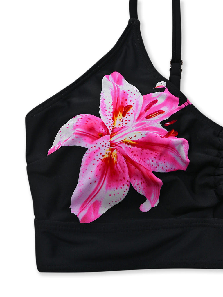 Schwarzes Tankini-Set mit Blumen-Metallschnalle aus den 1940er Jahren