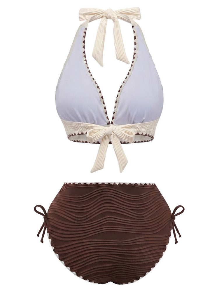 Beige Brown 1950er Halter High-Waist Ribbed Bikini Set