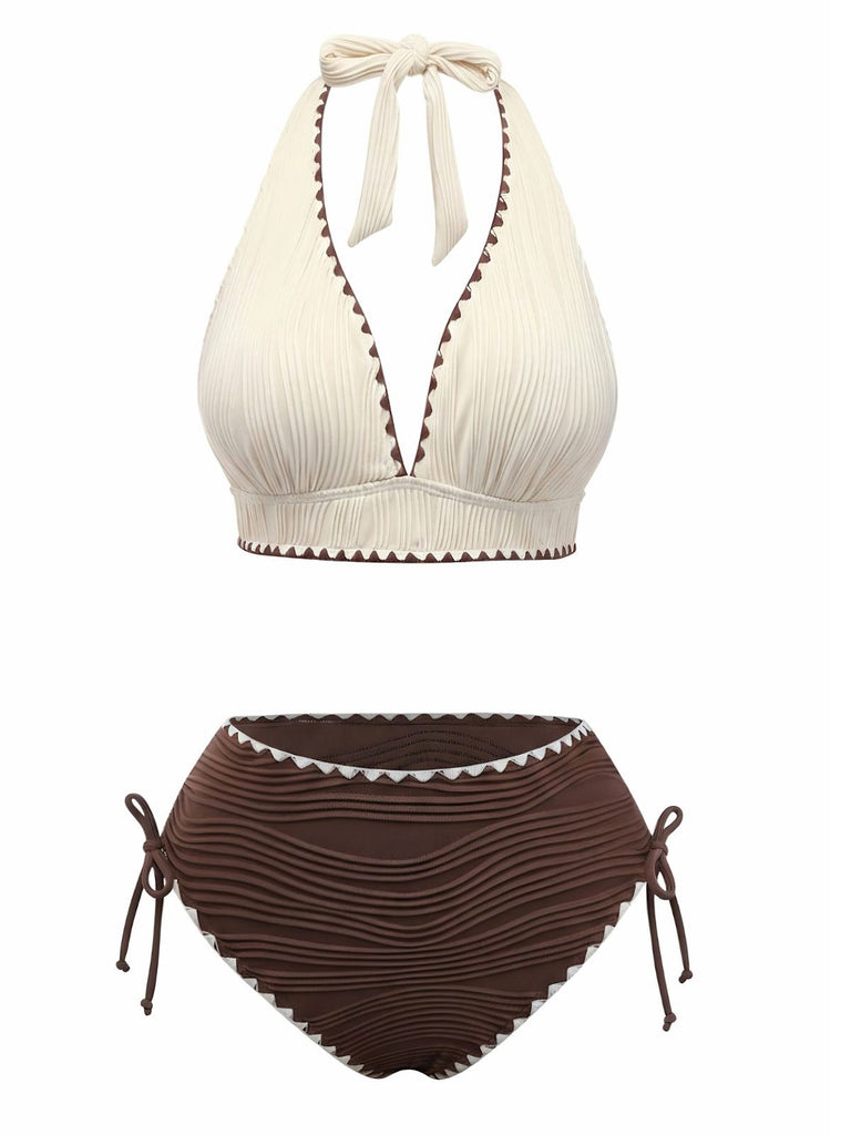 Beige Brown 1950er Halter High-Waist Ribbed Bikini Set