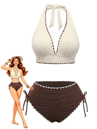 Beige Brown 1950er Halter High-Waist Ribbed Bikini Set
