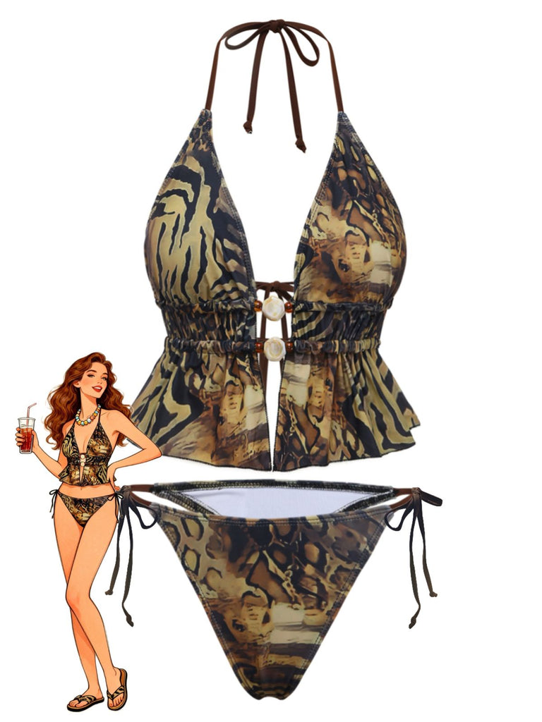Hellbraunes 1960er-Tankini-Set mit Leopardenmuster und Rüschen vorne zum Binden