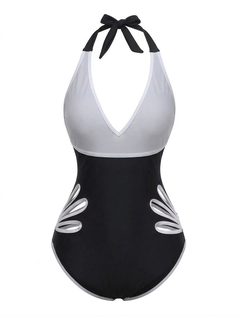 Schwarz 1940er Blumen Cut-Out Halter Einteiliger Badeanzug
