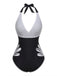 Schwarz 1940er Blumen Cut-Out Halter Einteiliger Badeanzug
