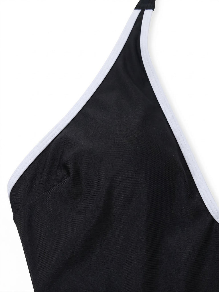 Schwarz 1940er Blumen Cut-Out Halter Einteiliger Badeanzug