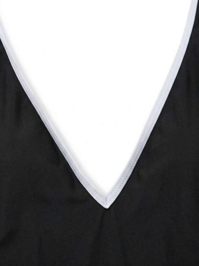 Schwarz 1940er Blumen Cut-Out Halter Einteiliger Badeanzug