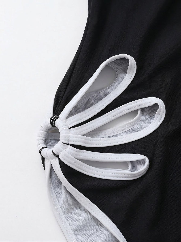 Schwarz 1940er Blumen Cut-Out Halter Einteiliger Badeanzug