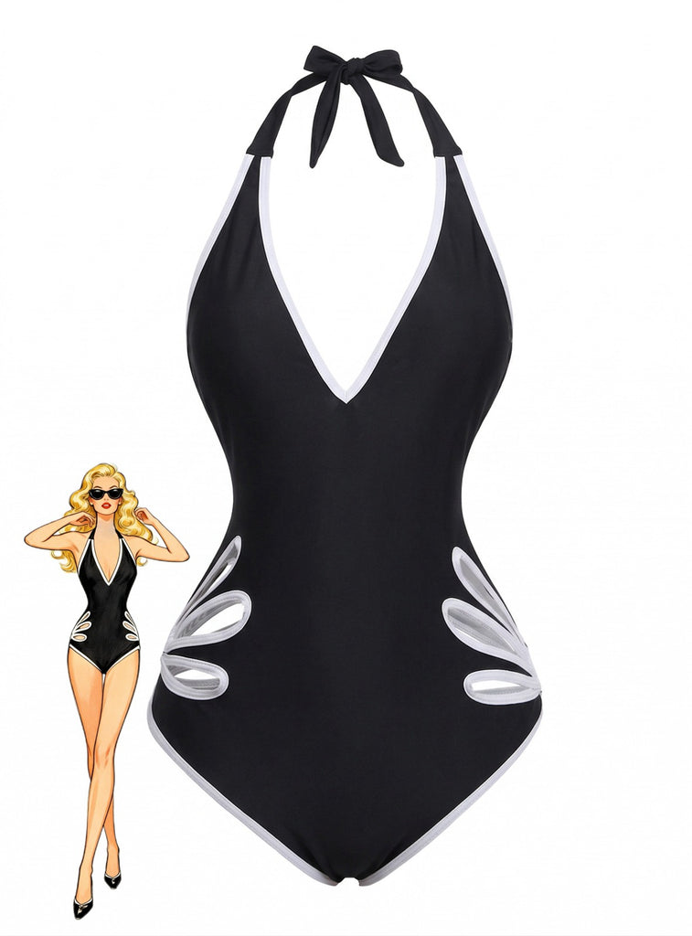 Schwarz 1940er Blumen Cut-Out Halter Einteiliger Badeanzug
