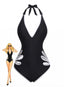 Schwarz 1940er Blumen Cut-Out Halter Einteiliger Badeanzug