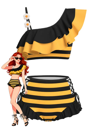 Gelb 1940er Biene Streifen Gänseblümchen Rüschen Bikini Set