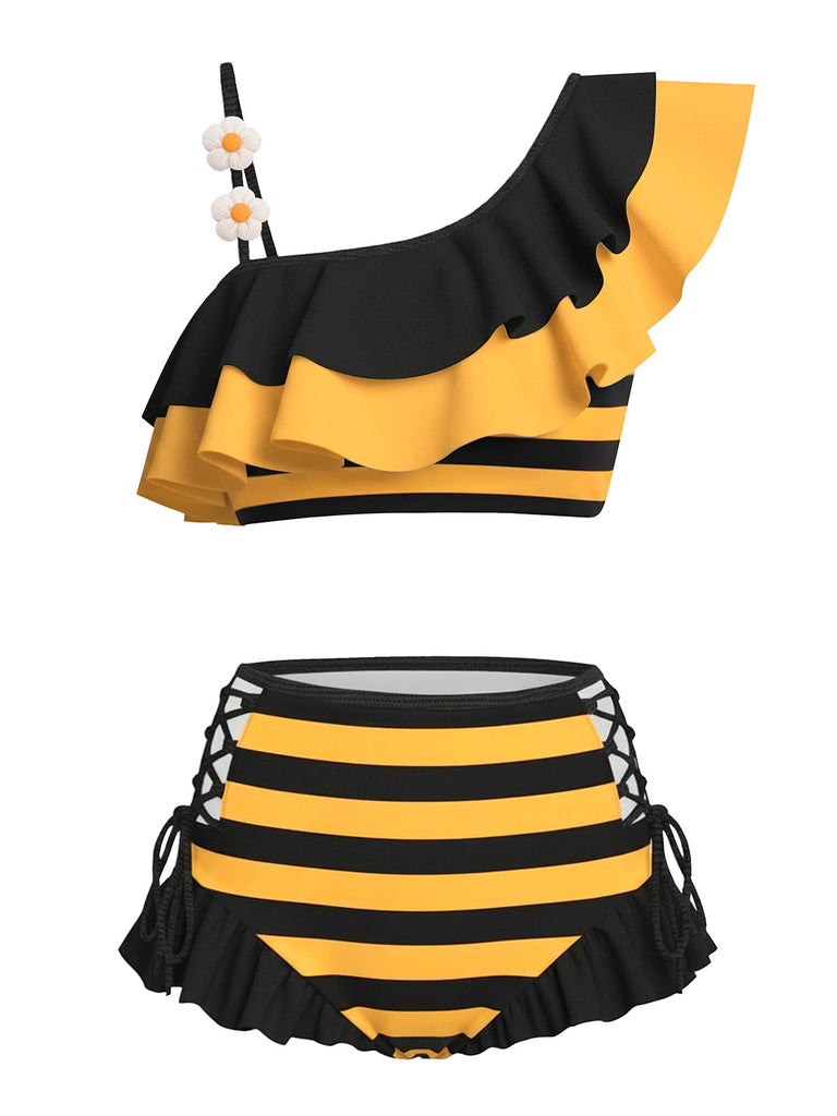 Gelb 1940er Biene Streifen Gänseblümchen Rüschen Bikini Set