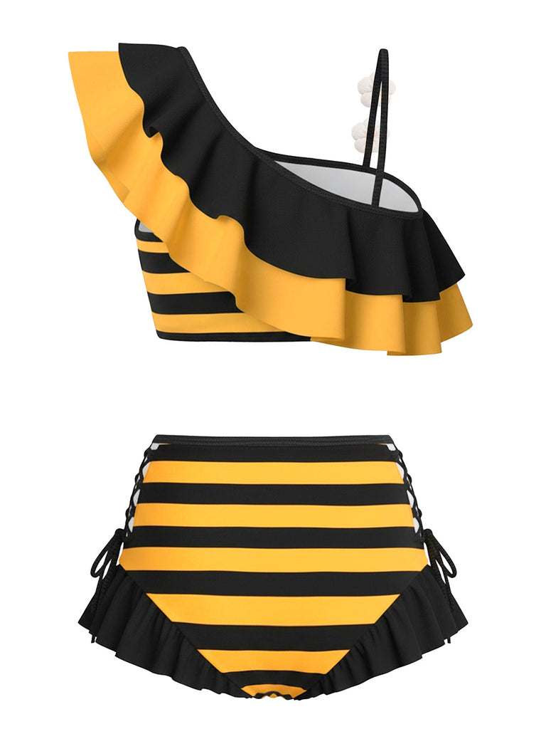 Gelb 1940er Biene Streifen Gänseblümchen Rüschen Bikini Set