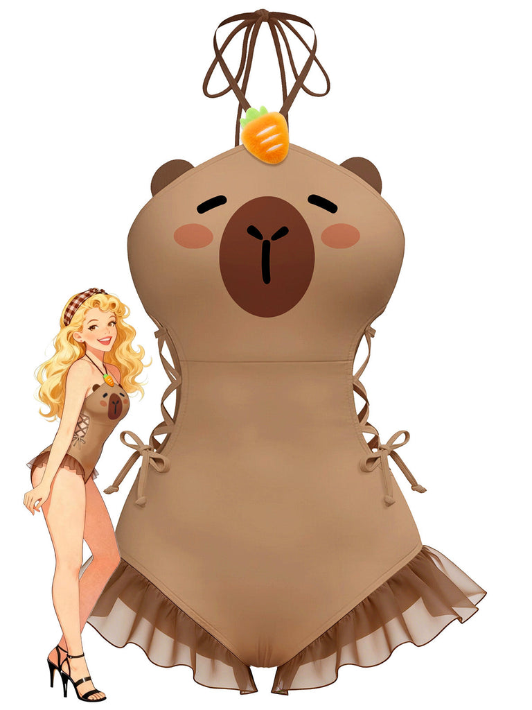 [Vorverkauf] Braun 1960er Capybara Druck Schnürung Einteilig Badeanzug