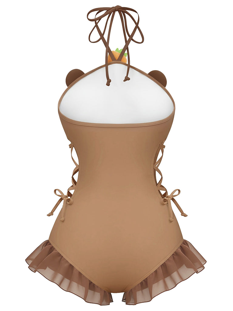 [Vorverkauf] Braun 1960er Capybara Druck Schnürung Einteilig Badeanzug