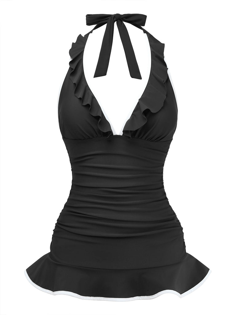 1930er Rüschen Halter Kontrast Besatz Badeanzugkleid
