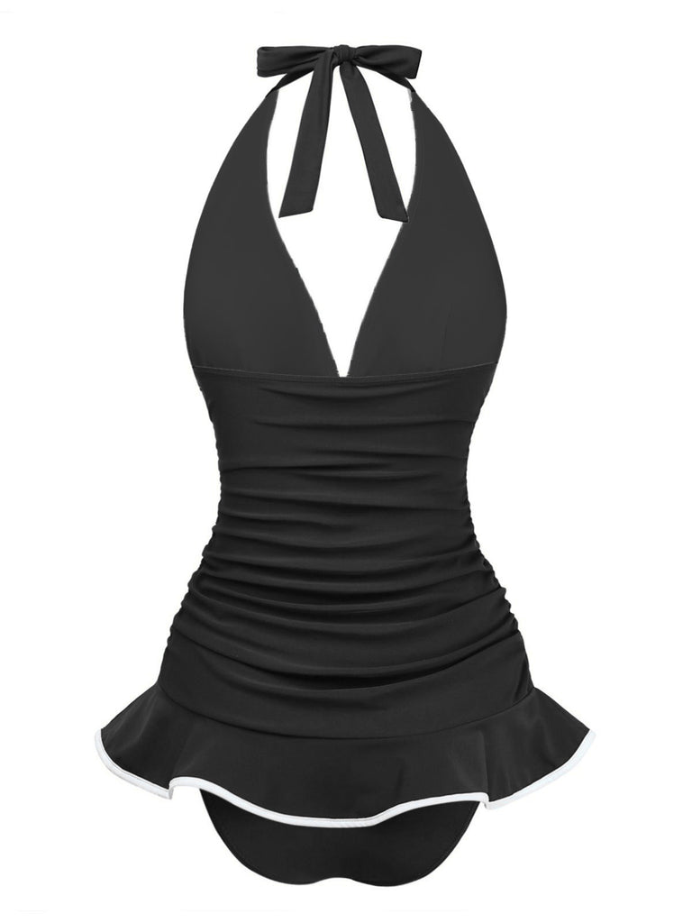 1930er Rüschen Halter Kontrast Besatz Badeanzugkleid