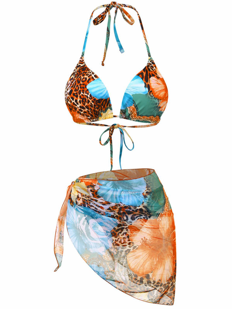 1950er Blumen Leopard Halter Bikini Set & Cover-Up
