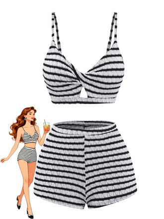 Schwarzes & Weißes 30er Vintage Bikini-Set mit Farbblock
