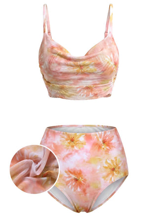 50er Netz-Bikini-Set mit Faltenausschnitt und Blumen