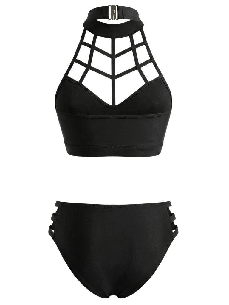 Schwarzes 70er Gothic Bikini-Set mit Neckholder und Cut-out