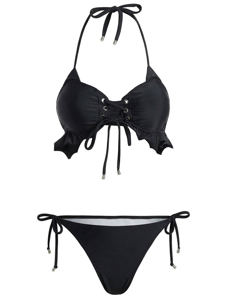 Schwarz 1950er Neckholder Schnürung Bikini Set & Gestuft Cover Up