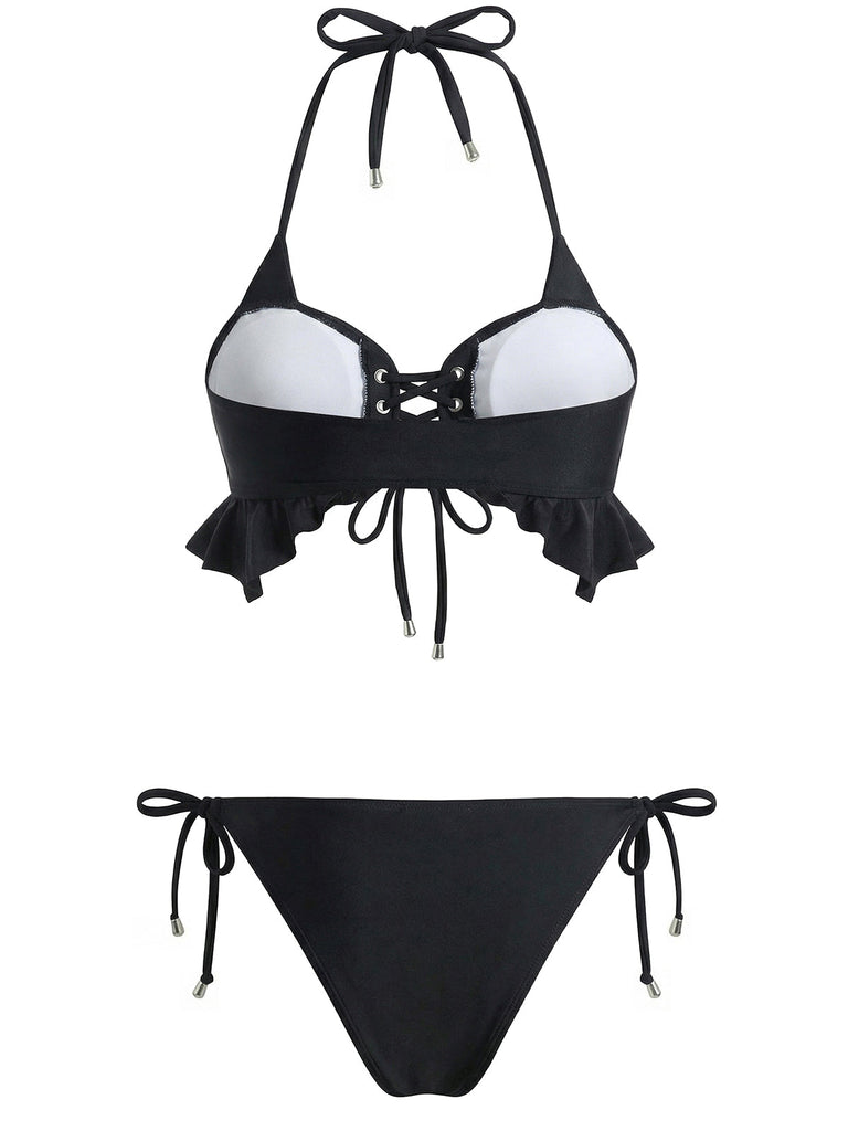 Schwarz 1950er Neckholder Schnürung Bikini Set & Gestuft Cover Up