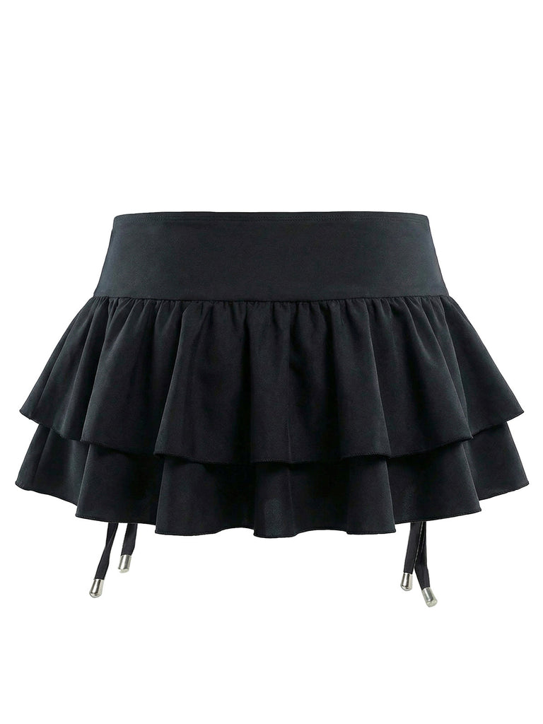 Schwarz 1950er Neckholder Schnürung Bikini Set & Gestuft Cover Up
