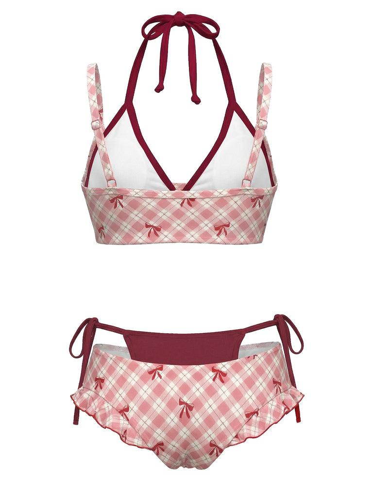 Rot 1950er Kariert Bogen Halter Doppelschicht Bikini Set