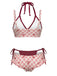 Rot 1950er Kariert Bogen Halter Doppelschicht Bikini Set