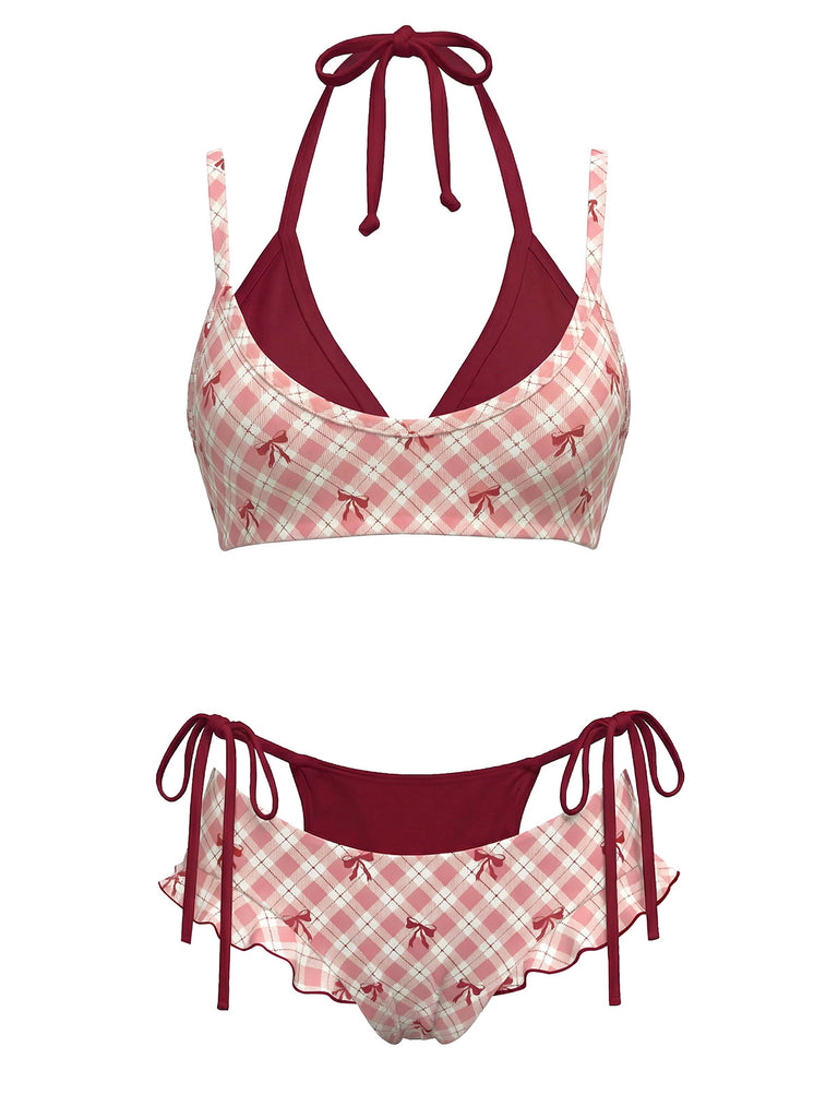 Rot 1950er Kariert Bogen Halter Doppelschicht Bikini Set