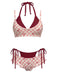 Rot 1950er Kariert Bogen Halter Doppelschicht Bikini Set
