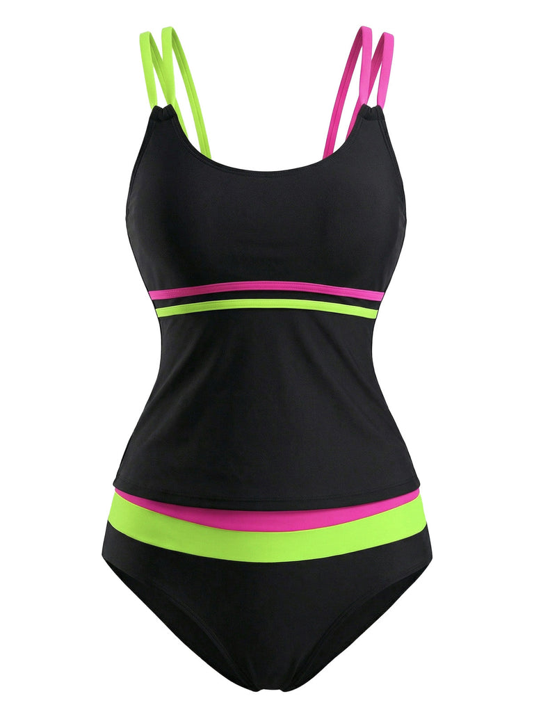 Schwarzes 40er Tankini-Set mit Farbblock und Riemen