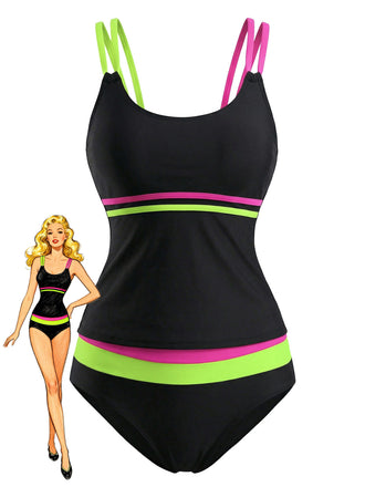 Schwarzes 40er Tankini-Set mit Farbblock und Riemen