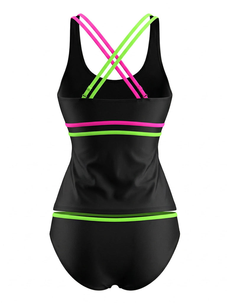 Schwarzes 40er Tankini-Set mit Farbblock und Riemen