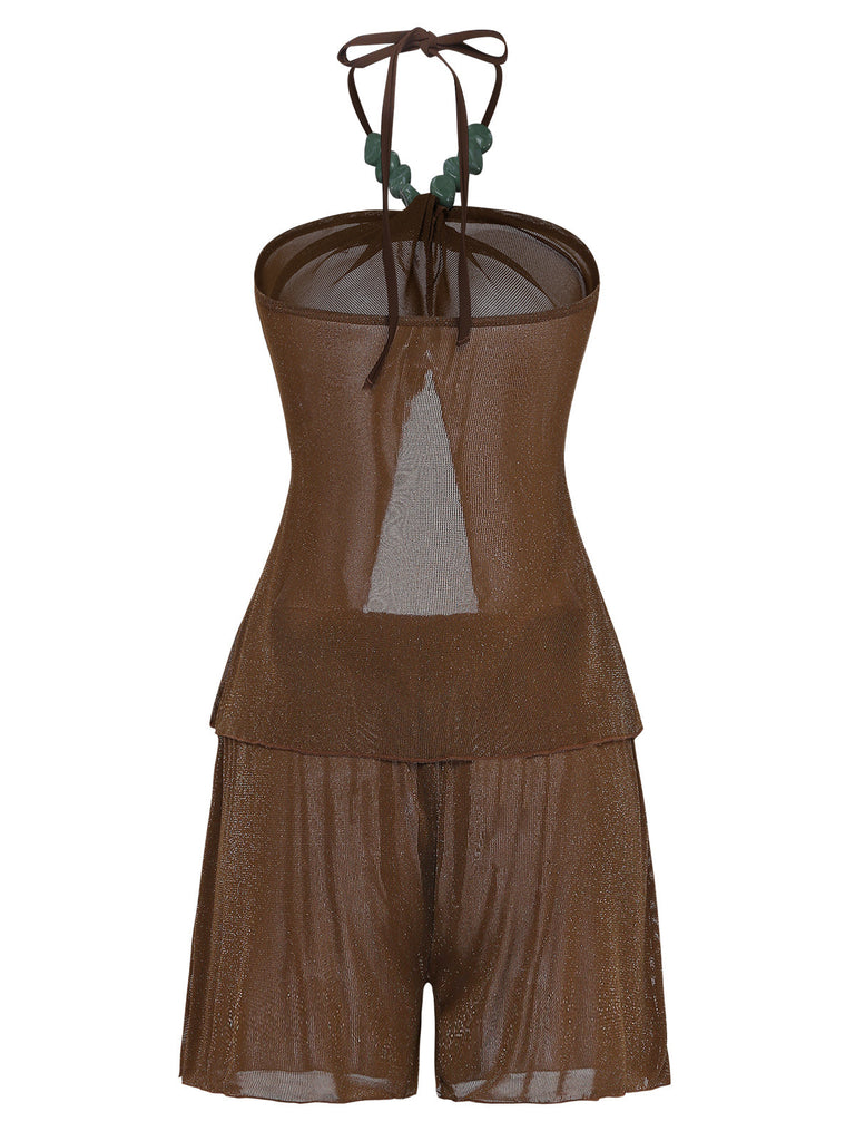 Braunes Neckholder-Bikini-Set aus den 1940er Jahren mit passendem Überwurf (3-teilig)
